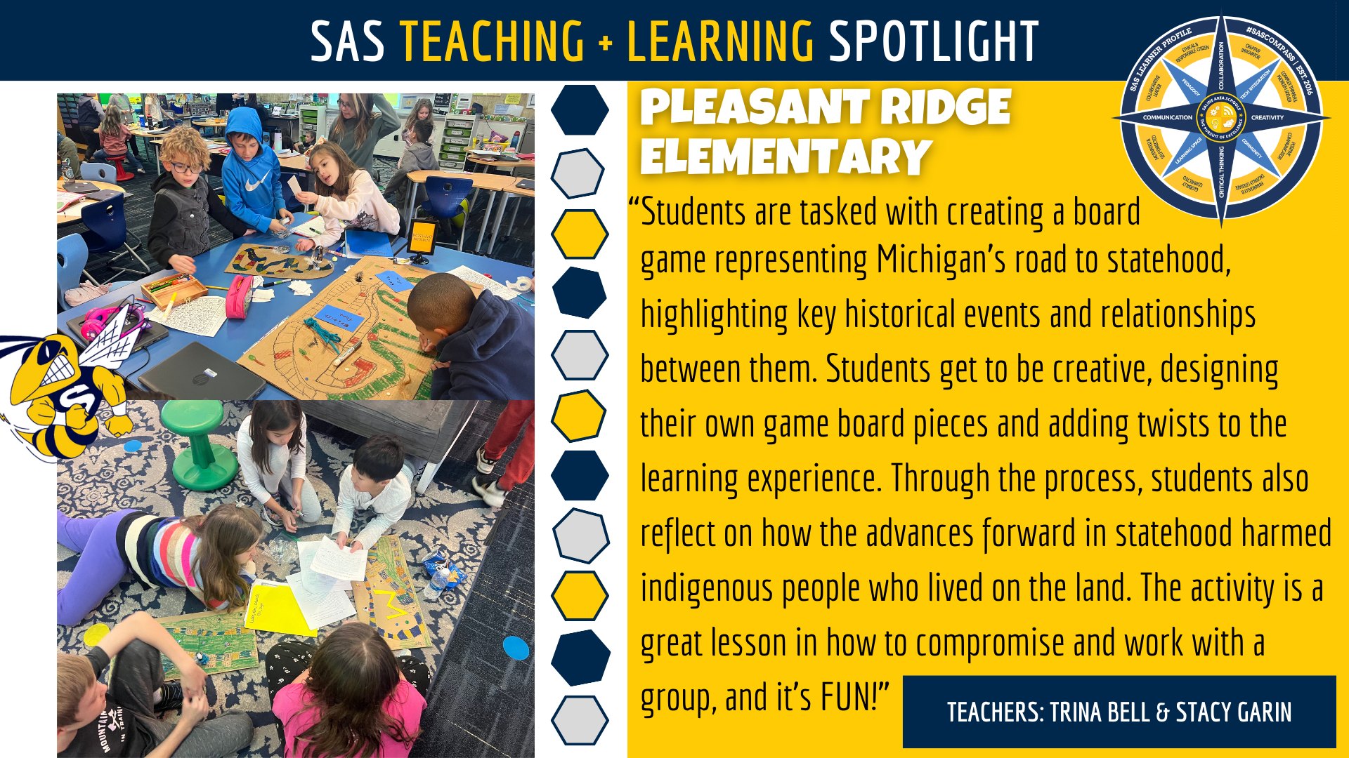 students are tasked with creating a board game representing Michigan's road to statehood, highlighting key historical events and relationships between them. Students get to be creative, designing their own game board pieces and adding twists to the learning experience. Through the process, students also reflect on how the advances forward in statehood harmed indigenous people who lived on the land. The activity is a great lesson in how to compromise and work with a group and it's FUN.