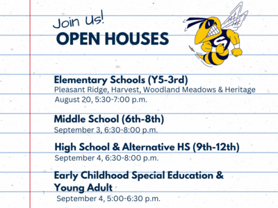 A list of building open house dates graphic on notebook paper with a hornet logo