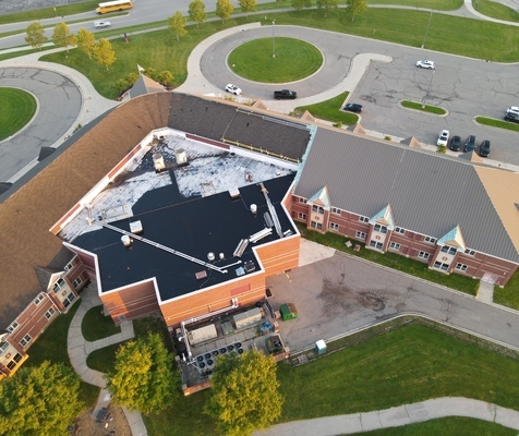 Aerial View of Roof in Progress, Summer of 2023 Work Completed