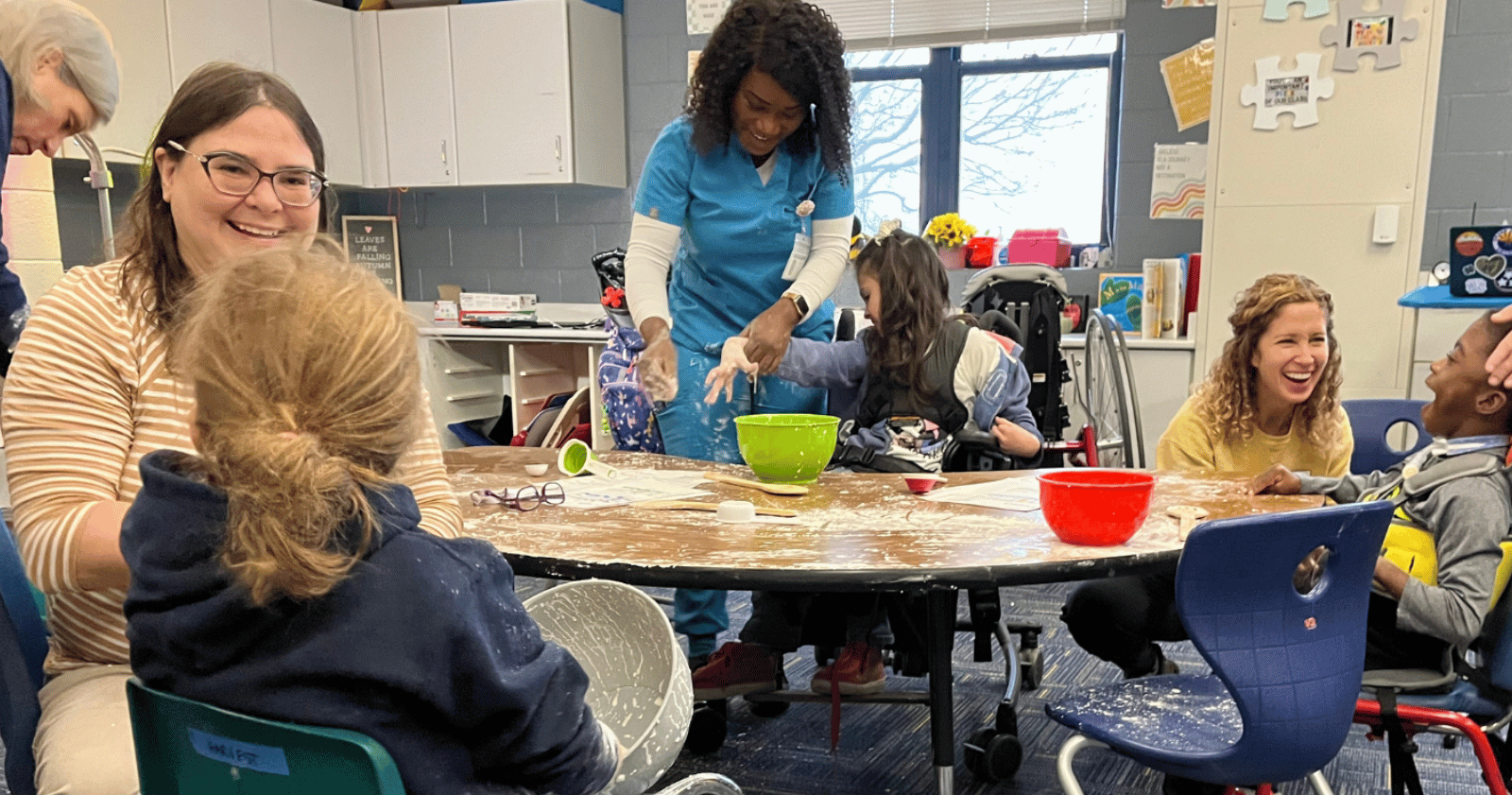 Students and Staff at Woodland doing a project