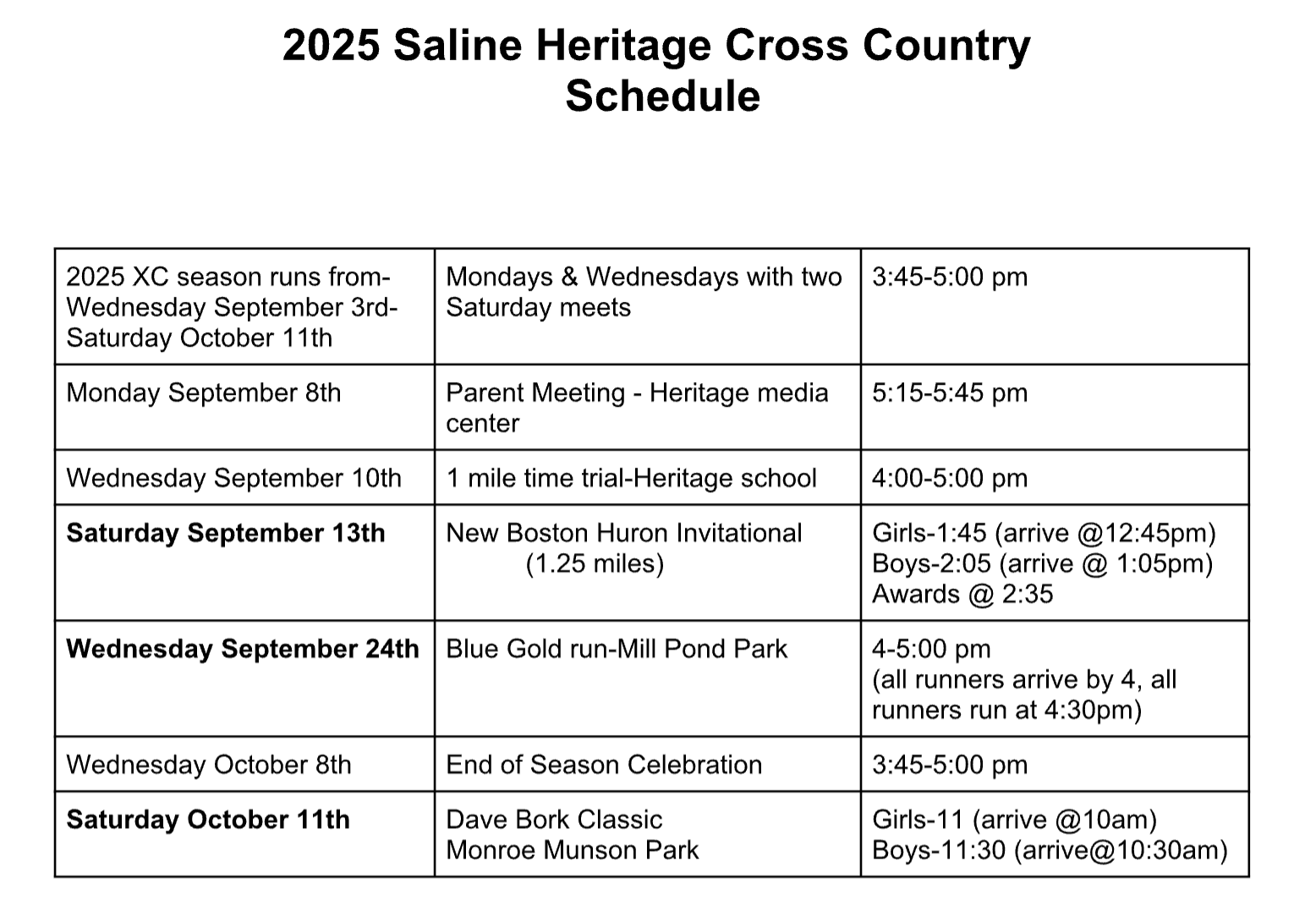2025 Heritage cross country schedule