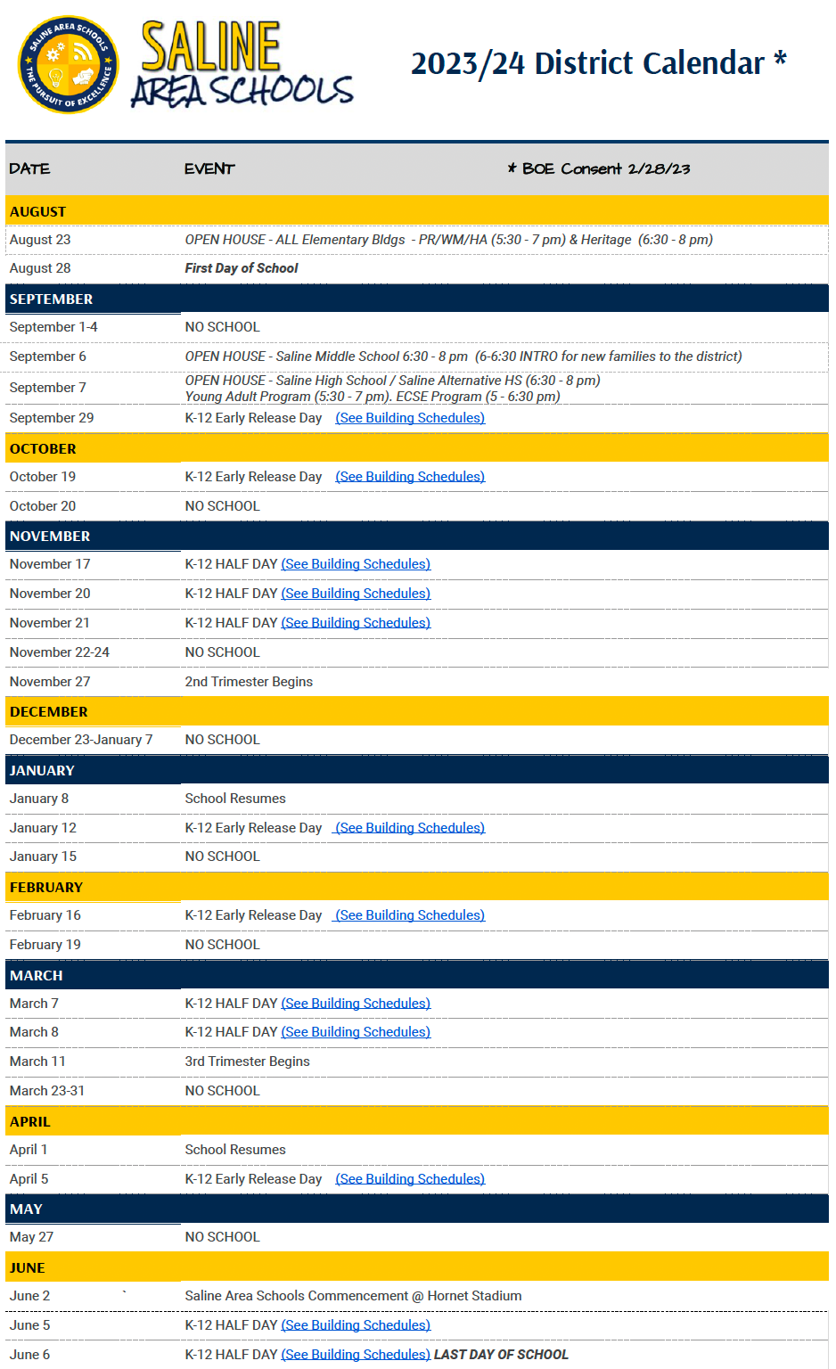 Calendar District Resources Saline Area Schools