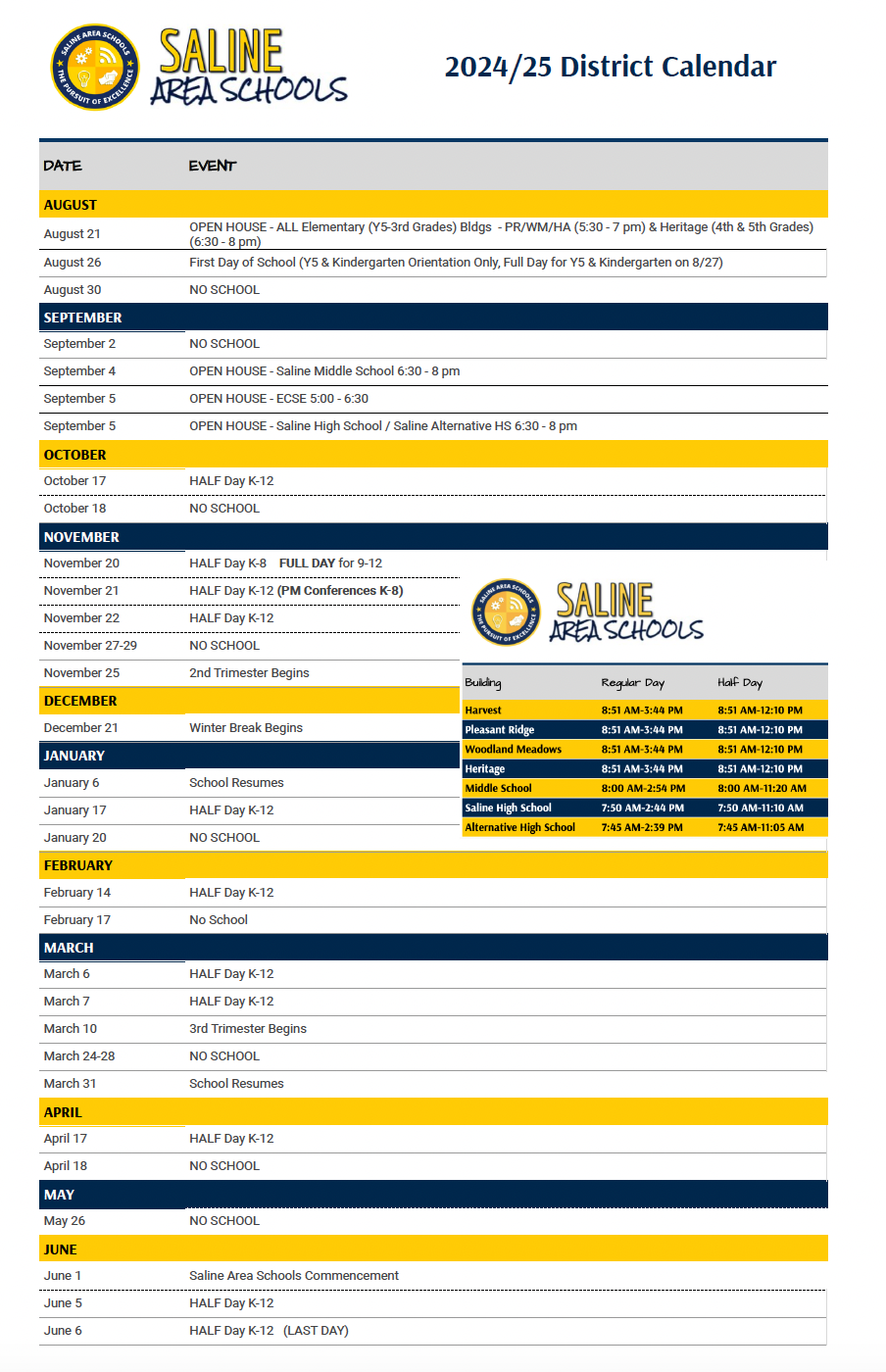 Calendar Family Resources Saline Area Schools