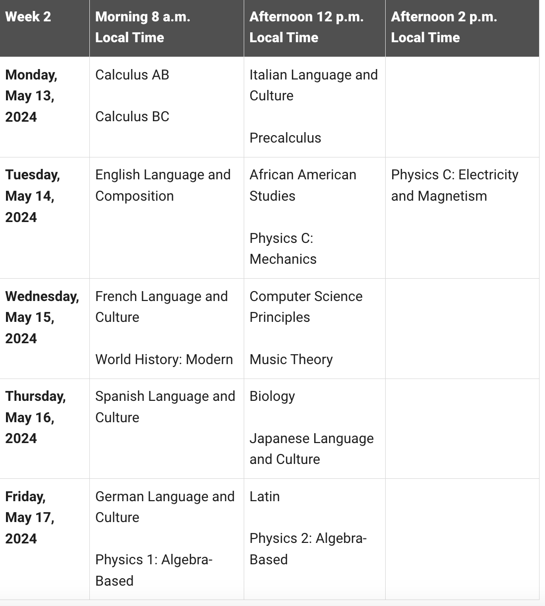 AP Testing Schedule 2023-2024