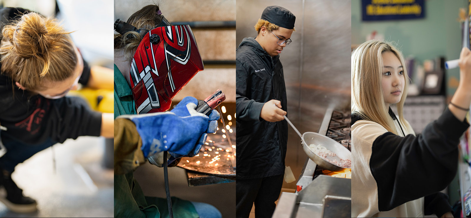 4 students in photo examples of SWWC programs. Auto, Welding, Culinary and Careers in Ed.